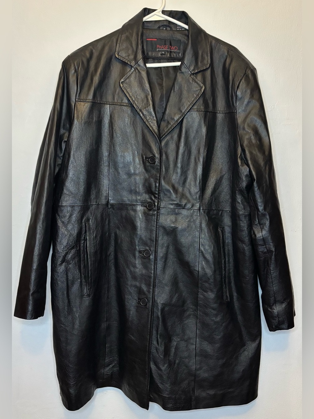 Phase Two Vintage Black Leather Car Coat Jacket XL